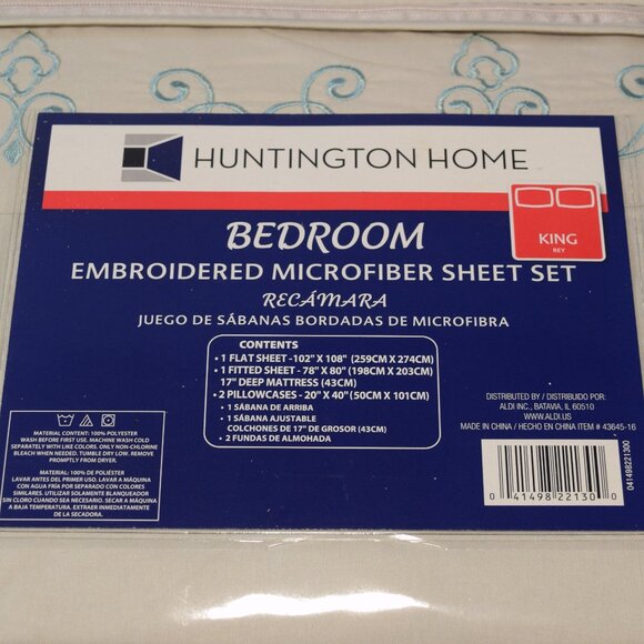 NEW Huntington Home Embroidered Microfiber 4 Piece Bed Sheet Set King Beige Aldi - Picture 2 of 7